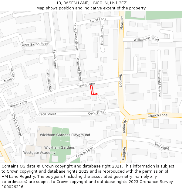 13, RASEN LANE, LINCOLN, LN1 3EZ: Location map and indicative extent of plot
