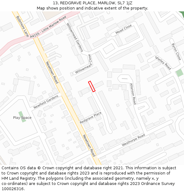 13, REDGRAVE PLACE, MARLOW, SL7 1JZ: Location map and indicative extent of plot