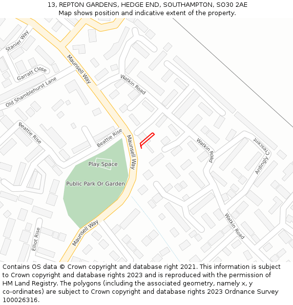 13, REPTON GARDENS, HEDGE END, SOUTHAMPTON, SO30 2AE: Location map and indicative extent of plot