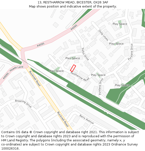 13, RESTHARROW MEAD, BICESTER, OX26 3AF: Location map and indicative extent of plot