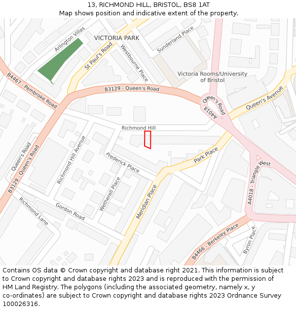 13, RICHMOND HILL, BRISTOL, BS8 1AT: Location map and indicative extent of plot