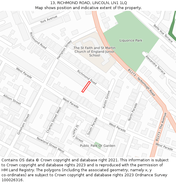 13, RICHMOND ROAD, LINCOLN, LN1 1LQ: Location map and indicative extent of plot