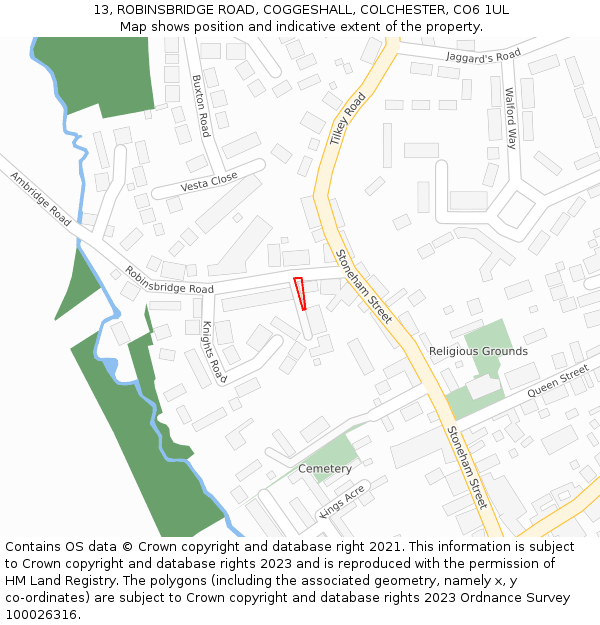 13, ROBINSBRIDGE ROAD, COGGESHALL, COLCHESTER, CO6 1UL: Location map and indicative extent of plot