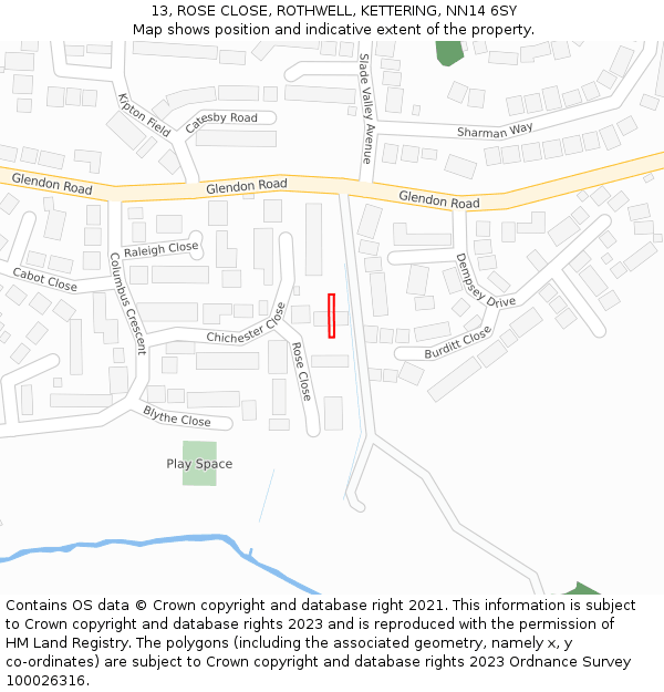 13, ROSE CLOSE, ROTHWELL, KETTERING, NN14 6SY: Location map and indicative extent of plot