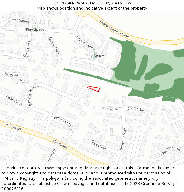 13, ROSINA WALK, BANBURY, OX16 1FW: Location map and indicative extent of plot