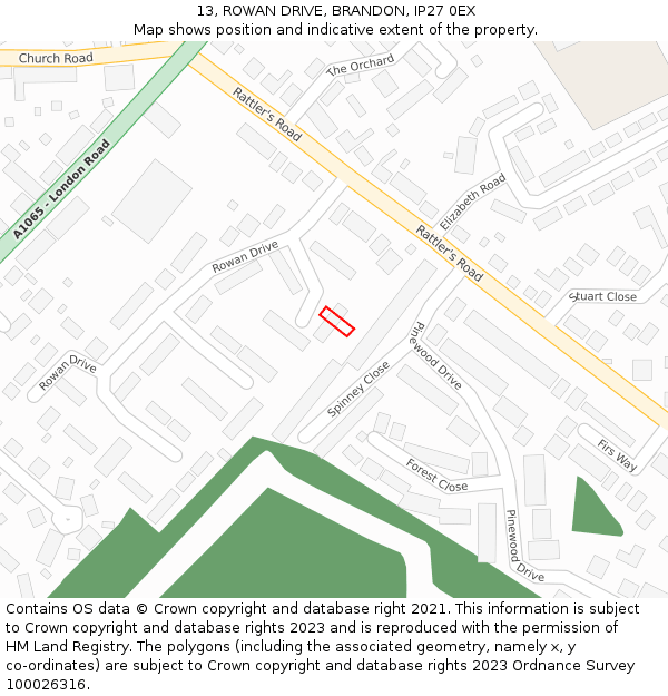 13, ROWAN DRIVE, BRANDON, IP27 0EX: Location map and indicative extent of plot