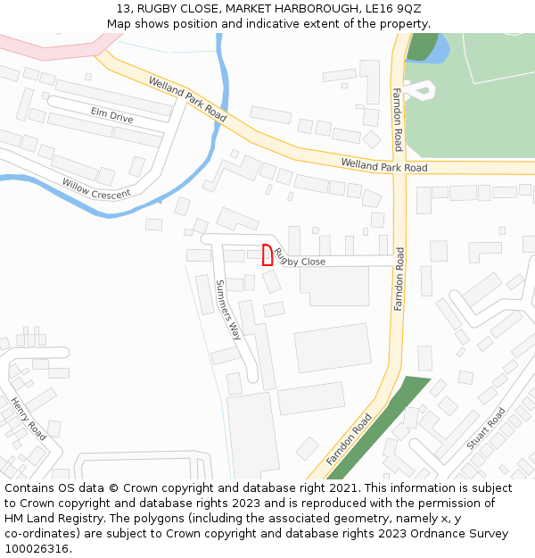 13, RUGBY CLOSE, MARKET HARBOROUGH, LE16 9QZ: Location map and indicative extent of plot
