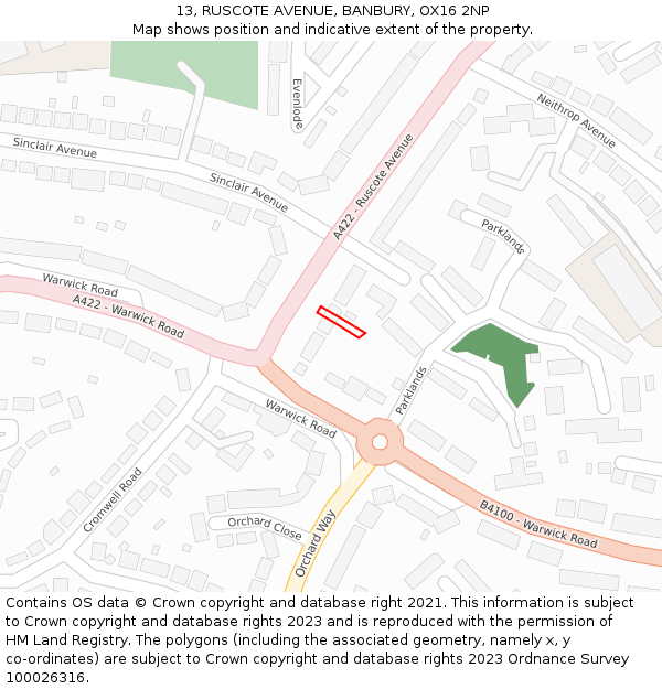 13, RUSCOTE AVENUE, BANBURY, OX16 2NP: Location map and indicative extent of plot