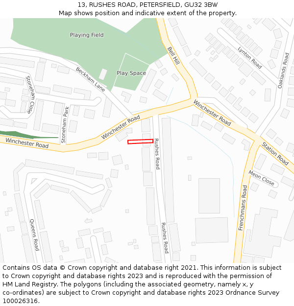 13, RUSHES ROAD, PETERSFIELD, GU32 3BW: Location map and indicative extent of plot