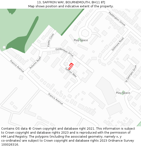 13, SAFFRON WAY, BOURNEMOUTH, BH11 8TJ: Location map and indicative extent of plot