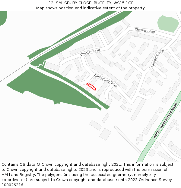 13, SALISBURY CLOSE, RUGELEY, WS15 1GF: Location map and indicative extent of plot