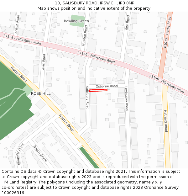 13, SALISBURY ROAD, IPSWICH, IP3 0NP: Location map and indicative extent of plot