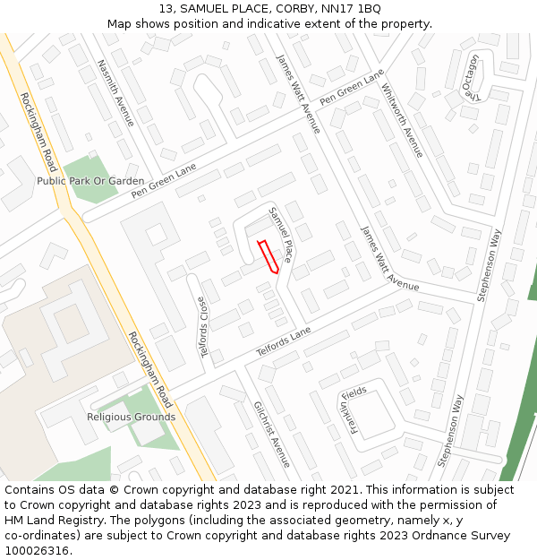 13, SAMUEL PLACE, CORBY, NN17 1BQ: Location map and indicative extent of plot
