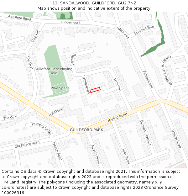 13, SANDALWOOD, GUILDFORD, GU2 7NZ: Location map and indicative extent of plot