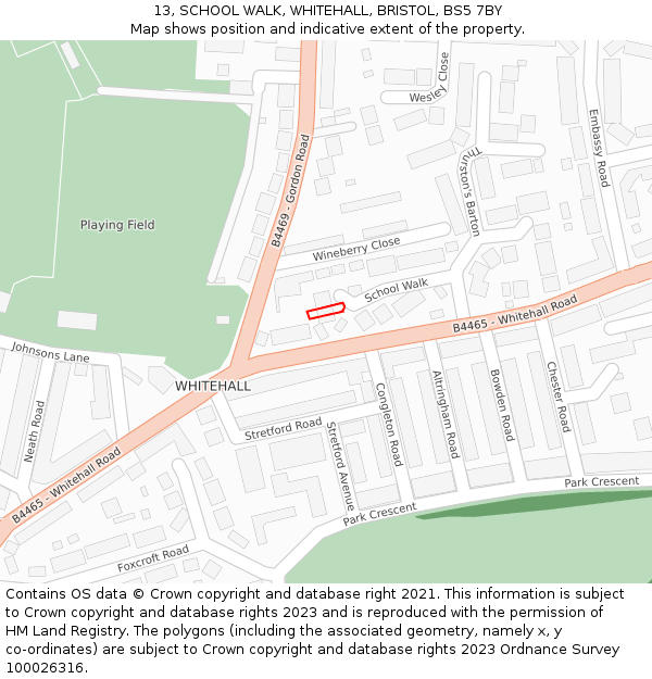 13, SCHOOL WALK, WHITEHALL, BRISTOL, BS5 7BY: Location map and indicative extent of plot