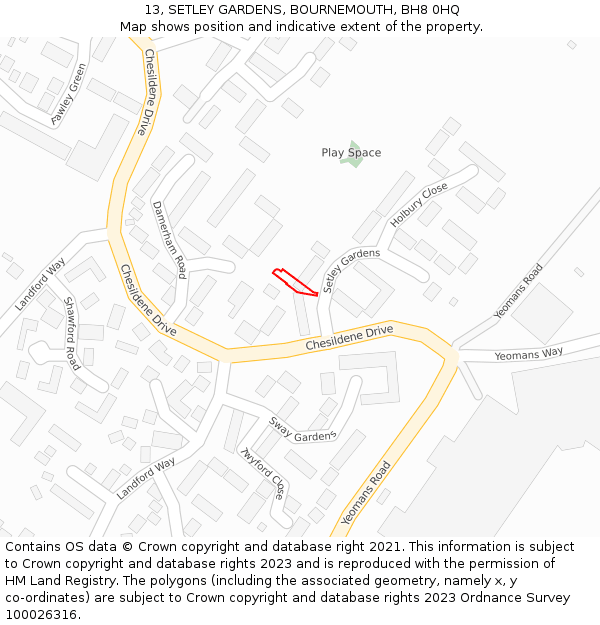 13, SETLEY GARDENS, BOURNEMOUTH, BH8 0HQ: Location map and indicative extent of plot