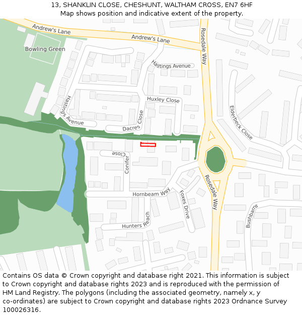 13, SHANKLIN CLOSE, CHESHUNT, WALTHAM CROSS, EN7 6HF: Location map and indicative extent of plot
