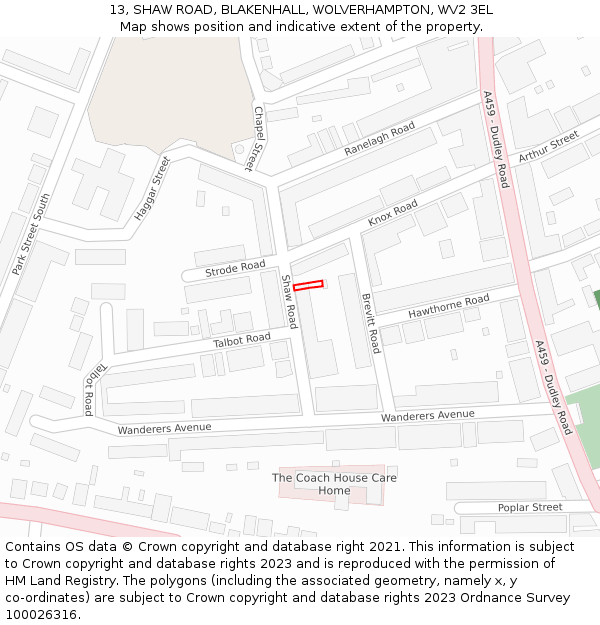 13, SHAW ROAD, BLAKENHALL, WOLVERHAMPTON, WV2 3EL: Location map and indicative extent of plot
