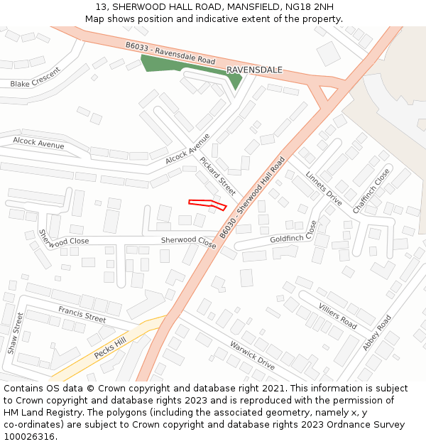 13, SHERWOOD HALL ROAD, MANSFIELD, NG18 2NH: Location map and indicative extent of plot