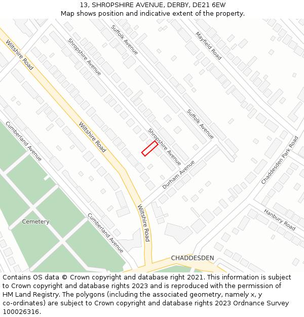 13, SHROPSHIRE AVENUE, DERBY, DE21 6EW: Location map and indicative extent of plot