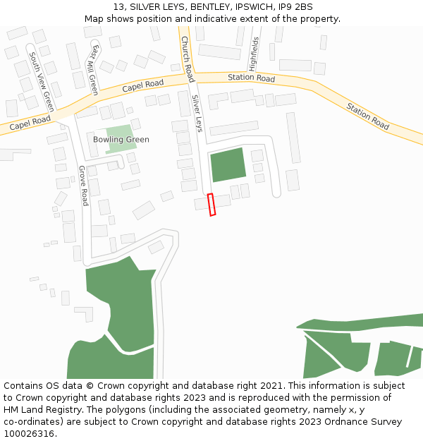13, SILVER LEYS, BENTLEY, IPSWICH, IP9 2BS: Location map and indicative extent of plot