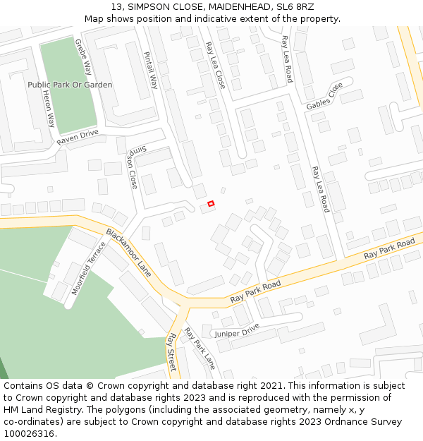 13, SIMPSON CLOSE, MAIDENHEAD, SL6 8RZ: Location map and indicative extent of plot