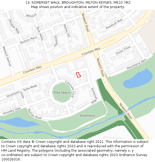 13, SOMERSET WALK, BROUGHTON, MILTON KEYNES, MK10 7BZ: Location map and indicative extent of plot