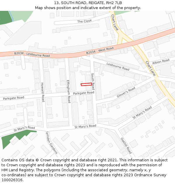 13, SOUTH ROAD, REIGATE, RH2 7LB: Location map and indicative extent of plot