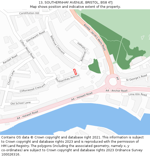 13, SOUTHERNHAY AVENUE, BRISTOL, BS8 4TJ: Location map and indicative extent of plot