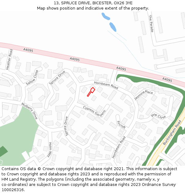 13, SPRUCE DRIVE, BICESTER, OX26 3YE: Location map and indicative extent of plot