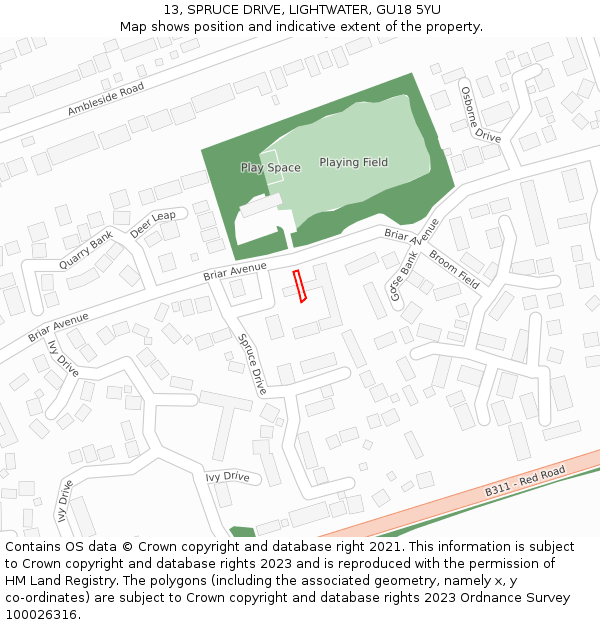 13, SPRUCE DRIVE, LIGHTWATER, GU18 5YU: Location map and indicative extent of plot