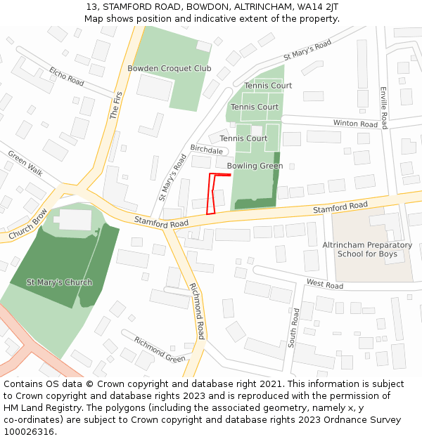 13, STAMFORD ROAD, BOWDON, ALTRINCHAM, WA14 2JT: Location map and indicative extent of plot