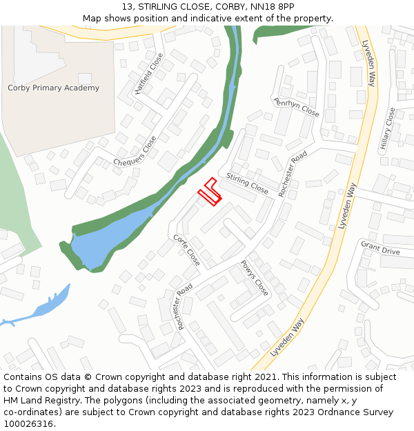 13, STIRLING CLOSE, CORBY, NN18 8PP: Location map and indicative extent of plot