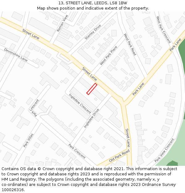 13, STREET LANE, LEEDS, LS8 1BW: Location map and indicative extent of plot
