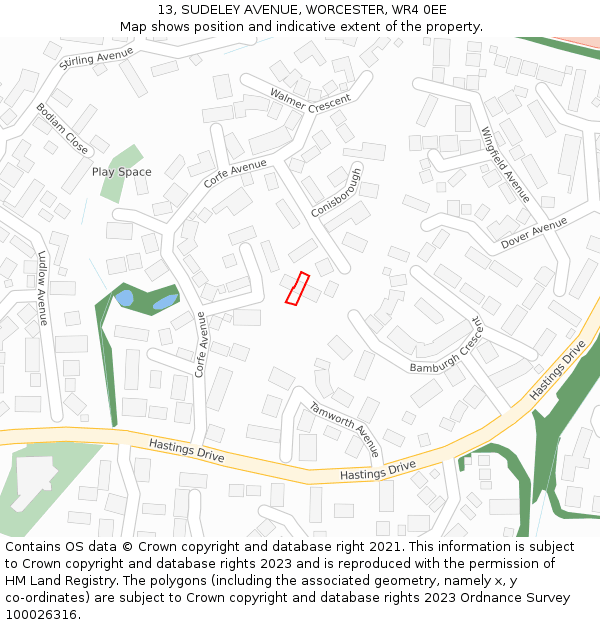 13, SUDELEY AVENUE, WORCESTER, WR4 0EE: Location map and indicative extent of plot