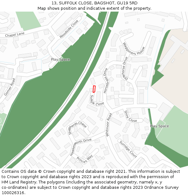 13, SUFFOLK CLOSE, BAGSHOT, GU19 5RD: Location map and indicative extent of plot