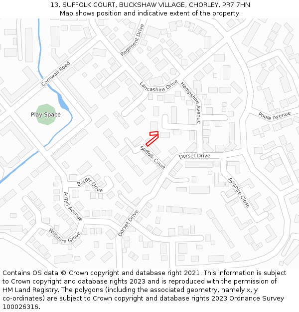 13, SUFFOLK COURT, BUCKSHAW VILLAGE, CHORLEY, PR7 7HN: Location map and indicative extent of plot
