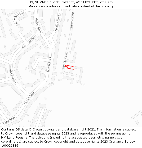 13, SUMMER CLOSE, BYFLEET, WEST BYFLEET, KT14 7RY: Location map and indicative extent of plot