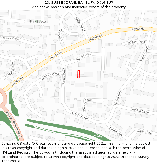 13, SUSSEX DRIVE, BANBURY, OX16 1UP: Location map and indicative extent of plot