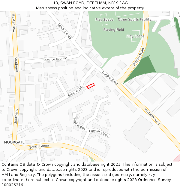 13, SWAN ROAD, DEREHAM, NR19 1AG: Location map and indicative extent of plot