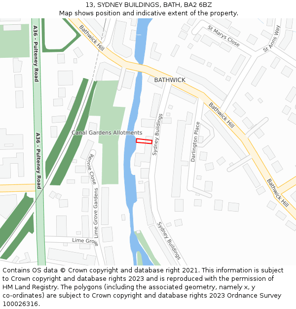 13, SYDNEY BUILDINGS, BATH, BA2 6BZ: Location map and indicative extent of plot