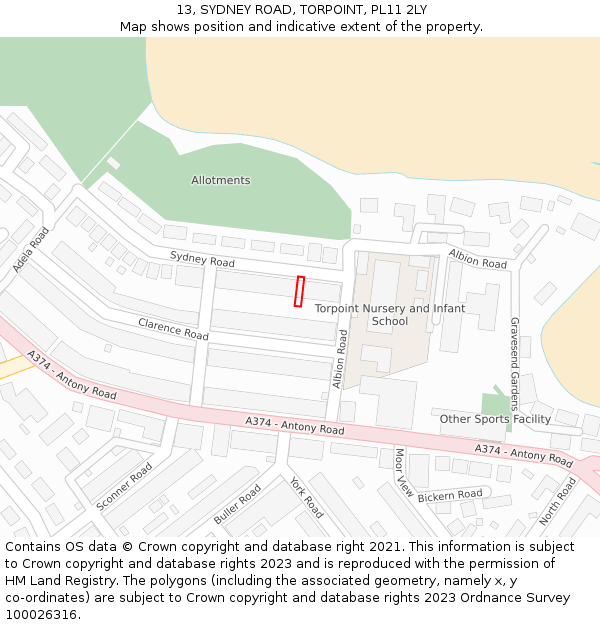 13, SYDNEY ROAD, TORPOINT, PL11 2LY: Location map and indicative extent of plot