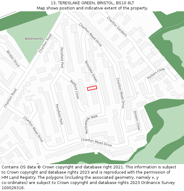 13, TERESLAKE GREEN, BRISTOL, BS10 6LT: Location map and indicative extent of plot