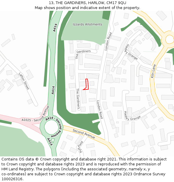 13, THE GARDINERS, HARLOW, CM17 9QU: Location map and indicative extent of plot