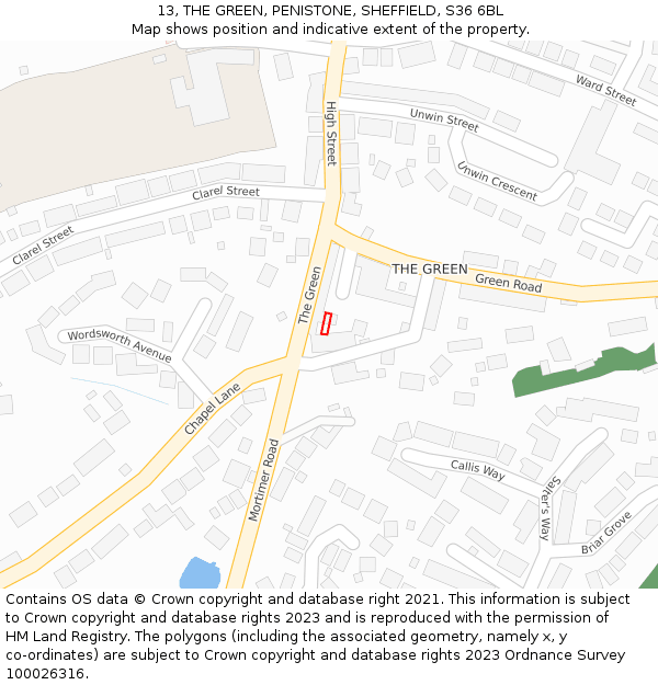 13, THE GREEN, PENISTONE, SHEFFIELD, S36 6BL: Location map and indicative extent of plot