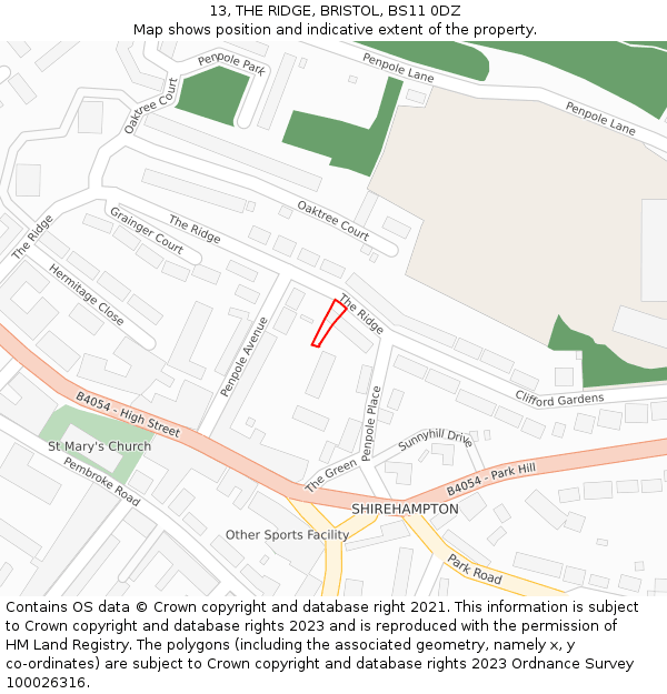 13, THE RIDGE, BRISTOL, BS11 0DZ: Location map and indicative extent of plot