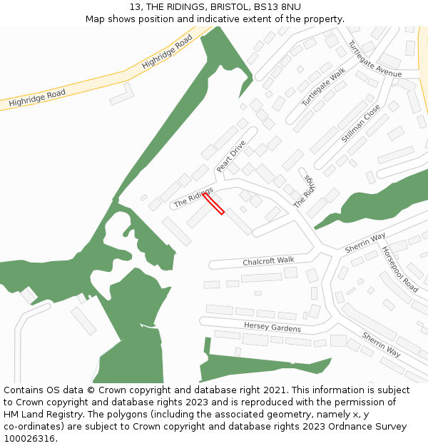 13, THE RIDINGS, BRISTOL, BS13 8NU: Location map and indicative extent of plot