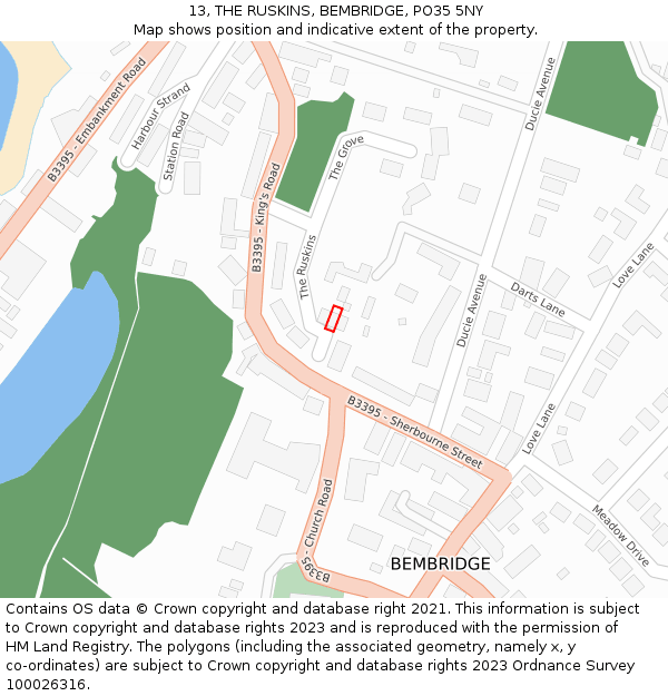 13, THE RUSKINS, BEMBRIDGE, PO35 5NY: Location map and indicative extent of plot