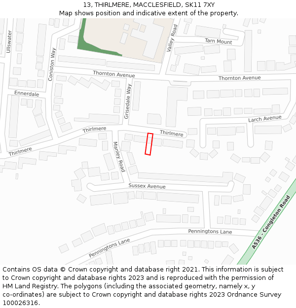 13, THIRLMERE, MACCLESFIELD, SK11 7XY: Location map and indicative extent of plot