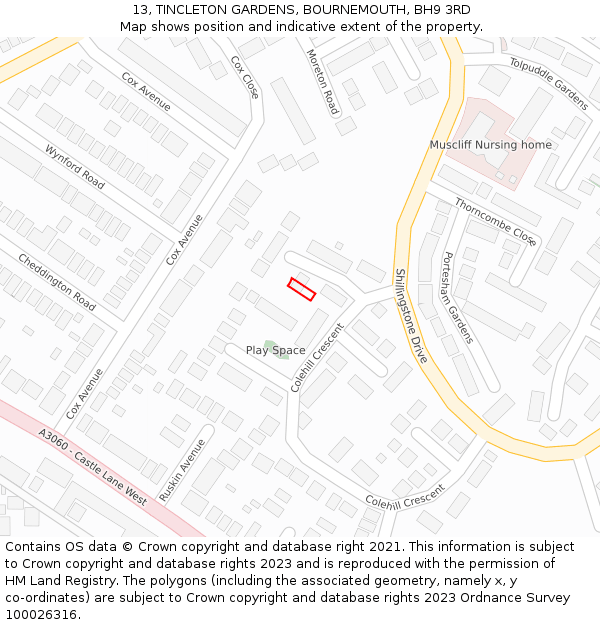 13, TINCLETON GARDENS, BOURNEMOUTH, BH9 3RD: Location map and indicative extent of plot
